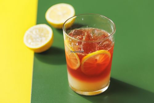 Pomegranate lemonade — homemade lemonade layered with pure pomegranate juice. A refreshing, antioxidant-rich drink with no added sugar. One of our most popular sips. at L for You in Tokyo