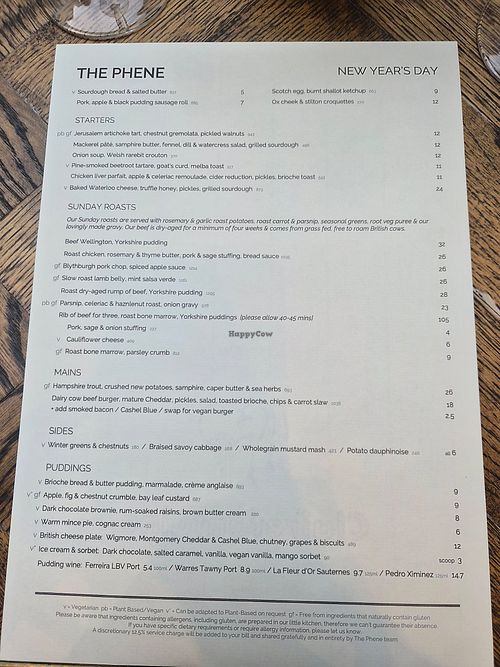 New Years Day menu at The Phene in South West London
