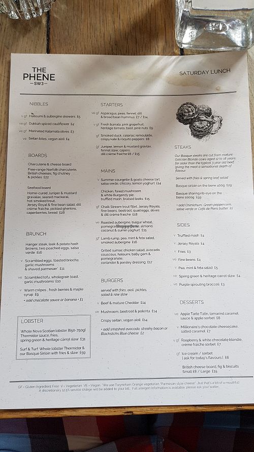 Menu at The Phene in South West London