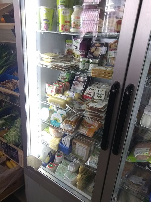 Vegan meat substitutes, seitan, tofu, soy yogurts, hummus.... at Robin des Bio in Lille