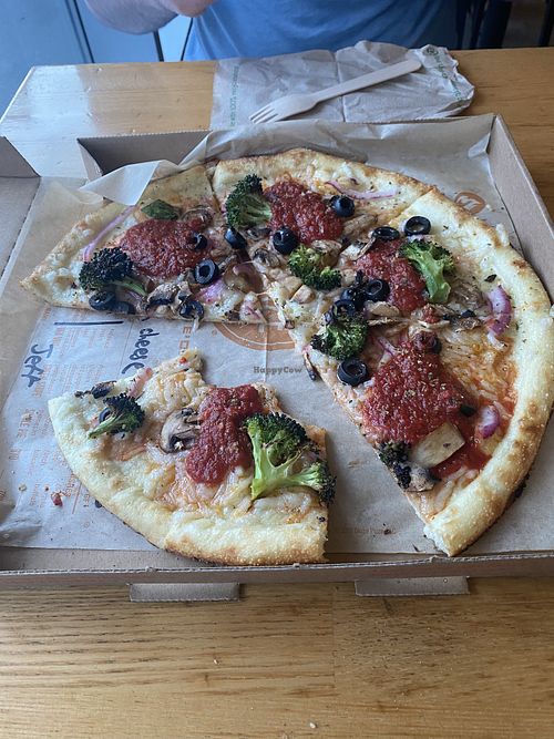 Vegan cheese and vegetable toppings  at Blaze Pizza in Toronto