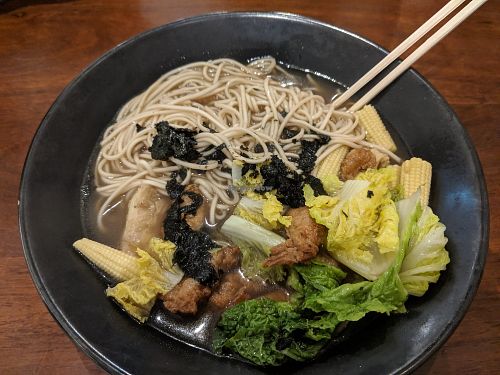 Ramen with veggies and mock meat at Vege Creek 蔬河 - 101 in Taipei