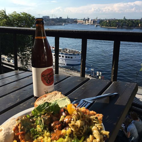 Buffet-plate, organic beer and an amazing view! at Hermans in Stockholm
