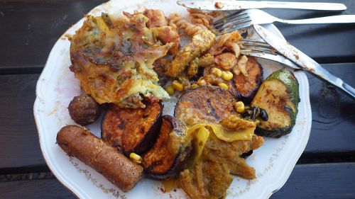 Lasagne and BBQ grilled vegetables at Hermans in Stockholm