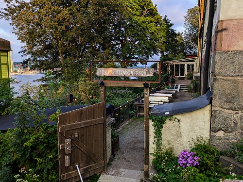 Door to garden seating at Hermans at Hermans in Stockholm