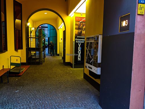 Outdoor hallway to courtyard where Good Morning Vietnam Vegan is. at Good Morning Vietnam Vegan in Berlin
