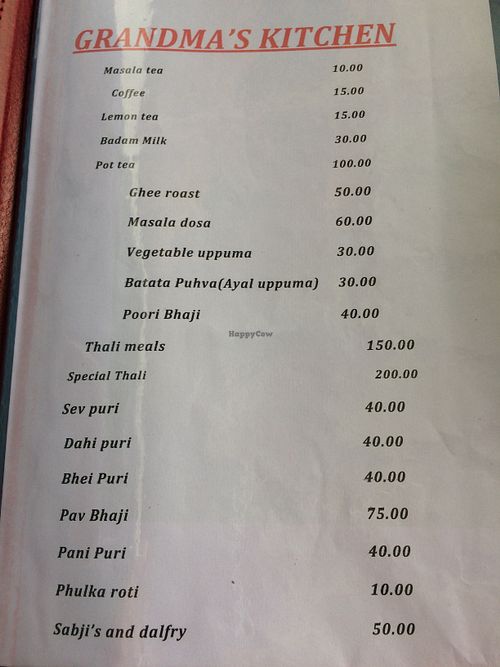menu at Grandma's Kitchen in Kochi
