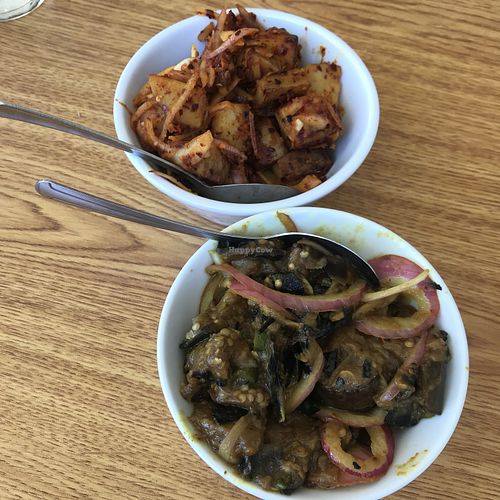 Deviled potatoes and eggplant sambol at Serendib in Ellsworth