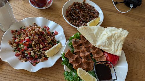 Ezme, Cigköfte  and Pomegranate-Salad at Istanbul Cafe in Shymkent
