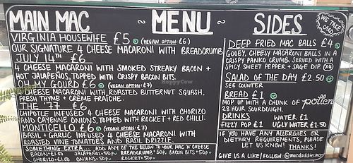 Menu at Mac Daddies in Manchester