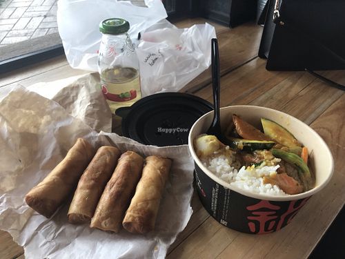 Mixed seasonal veg with steamed rice and Satay sauce, 4 vegetable spring rolls (vegan)  at Wok'd in Endeavour Hills
