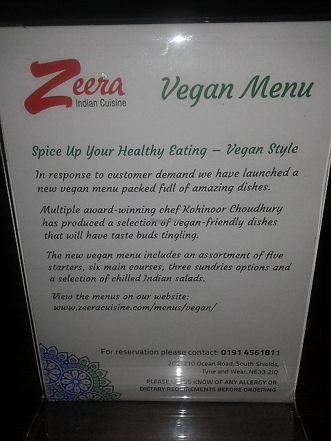 Vegan menu announcement at Zeera in South Shields