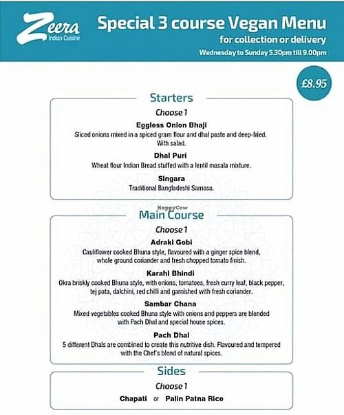 Vegan takeaway menu at Zeera in South Shields