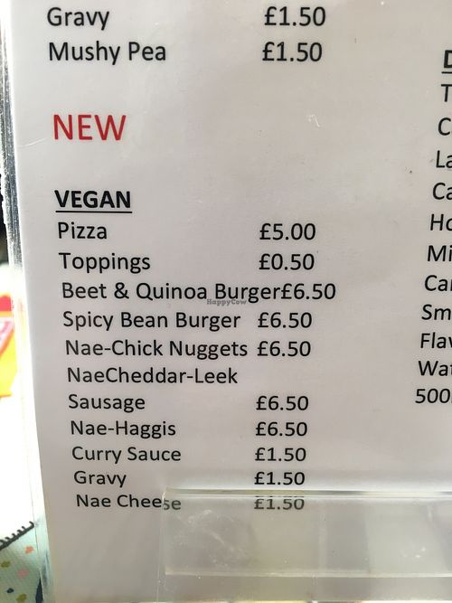Vegan menu 2019 at Linda's Fish & Chips in Cullen