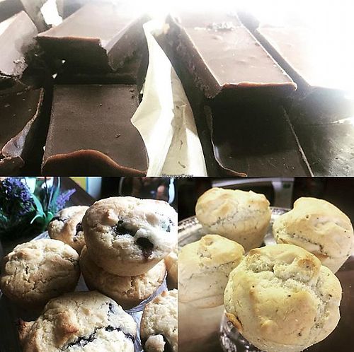 Homebakes - mint chocolate fudge, peanut butter fudge, blueberry muffins and chia and lemon muffins.  All vegan and gluten free, of course at Capercaillie Coffee House in Huntly