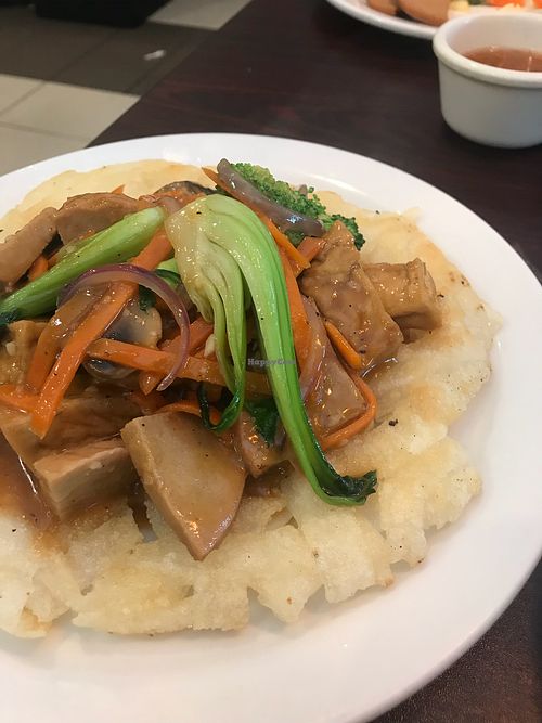 Crispy fried rice noodles with gravy stir-fry on top. Number V9 on the menu. at Pho Palace in Arlington