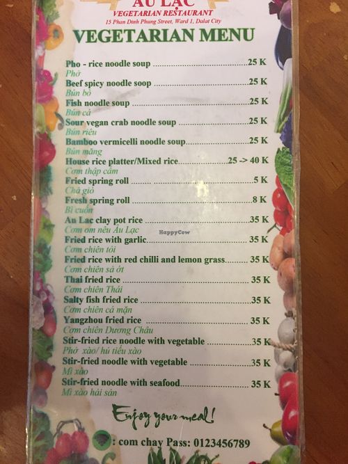 Menu at Au Lac in Da Lat
