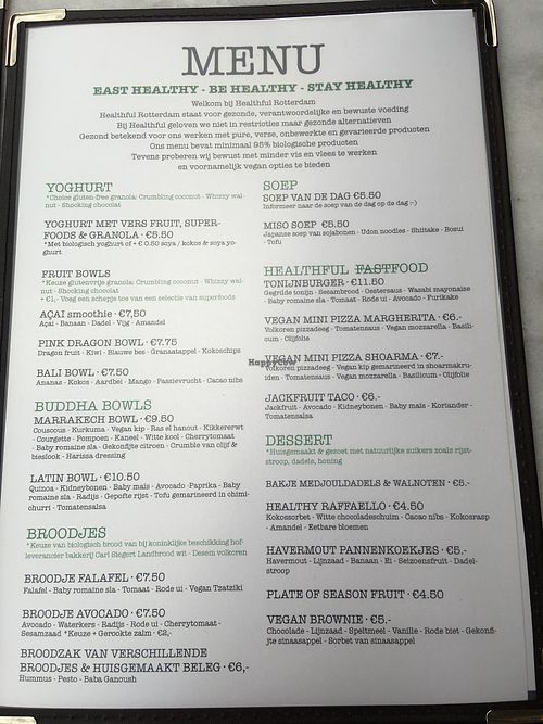 Current menu (owner said it needed updating) at Healthful in Rotterdam