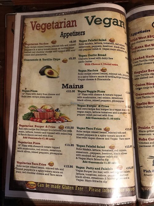 Vegan/vegetarian menu in August 2019 at Robs Ranch House in Killarney
