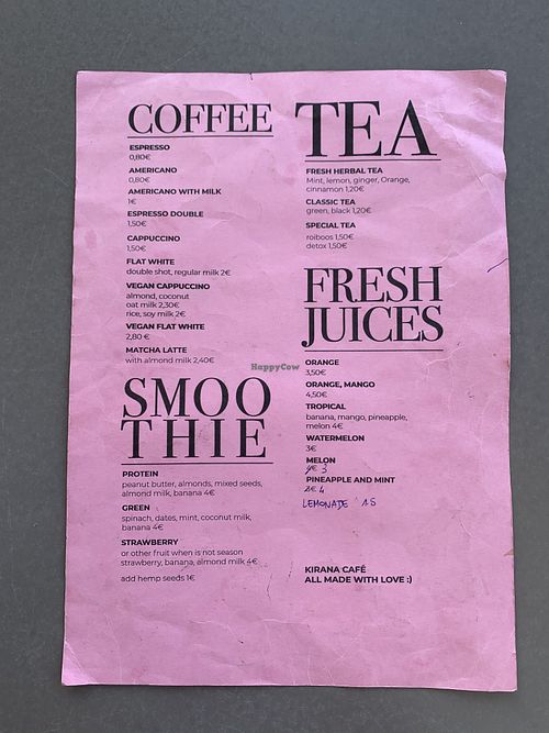 Menu at Kirana Cafe in Peniche