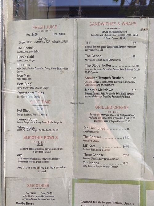 Menu at Jess's Juice Bar in Lambertville