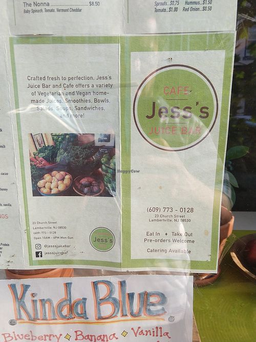 Menu at Jess's Juice Bar in Lambertville