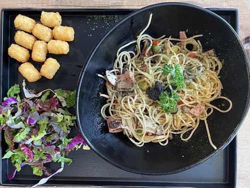 Spaghetti truffle set with hash browns - truffle flavour mild #Veganuary at Saute-san 素特-さん in Central Singapore