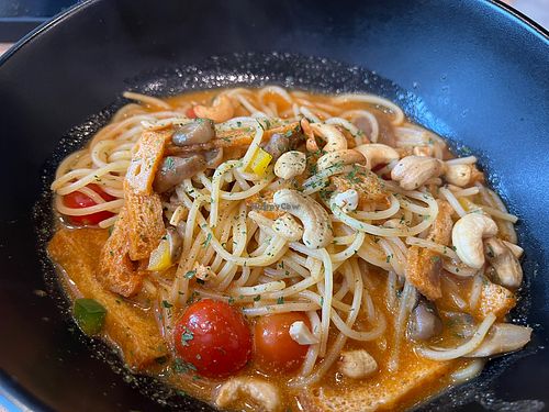 Tom yam spaghetti - too salty #Veganuary at Saute-san 素特-さん in Central Singapore