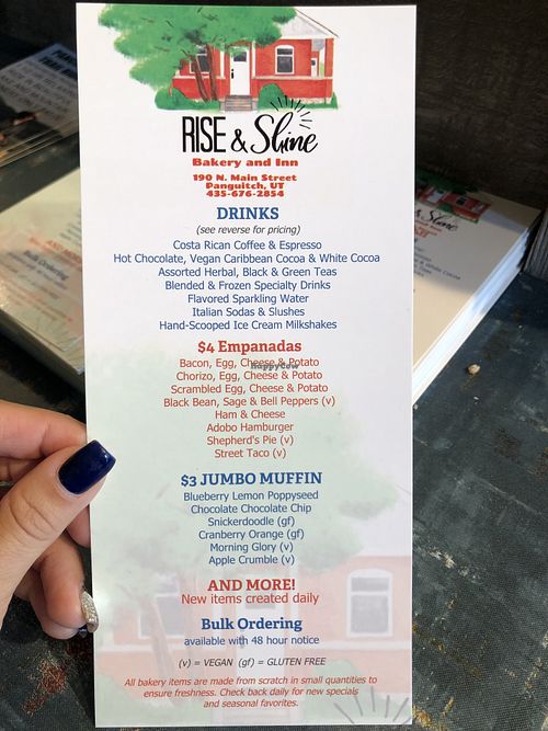menu with vegan options at Rise and Shine in Panguitch