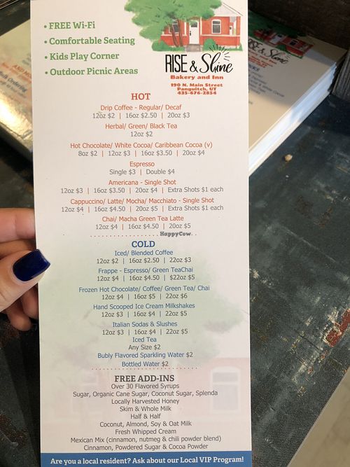 menu- drinks at Rise and Shine in Panguitch