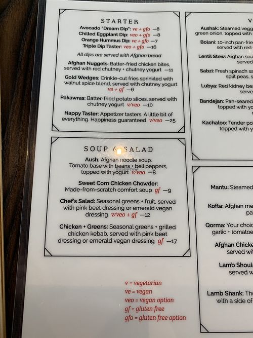 Menu 1 at Afghan Kitchen in Surrey