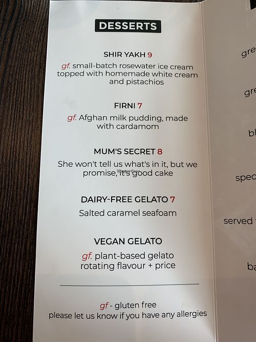 Desert menu 1 at Afghan Kitchen in Surrey