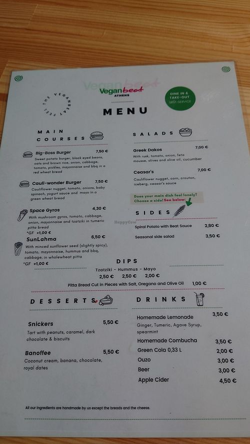 English menu at Rhino Vegan Beat in Athens