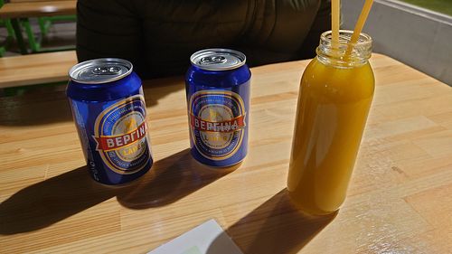 Beverage (local beer and homemade lemonade with ginger) at Rhino Vegan Beat in Athens