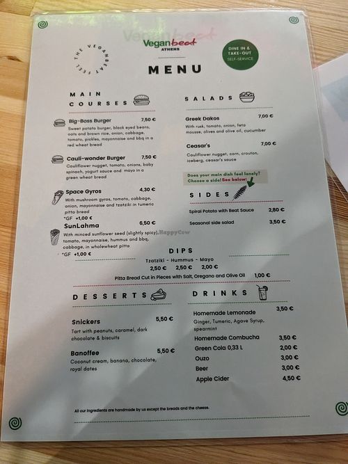 Menu at Vegan Beat in Athens