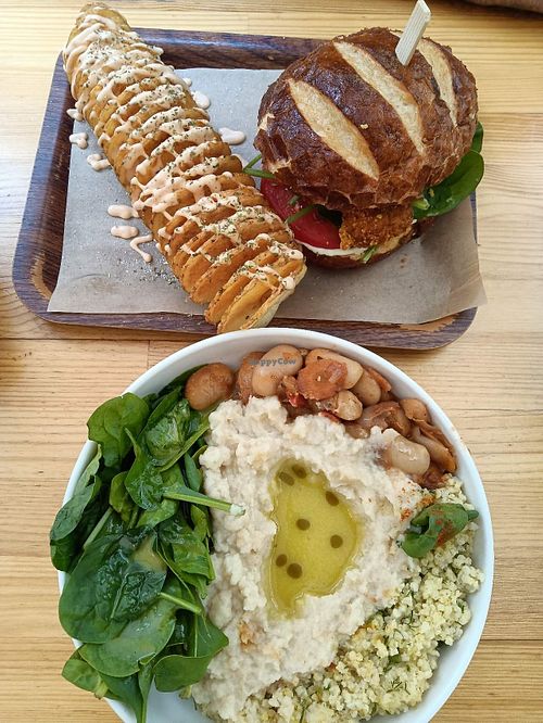 Cauliflower bites burger, potato spiral, celeriac puree with giant beans. at Vegan Beat in Athens