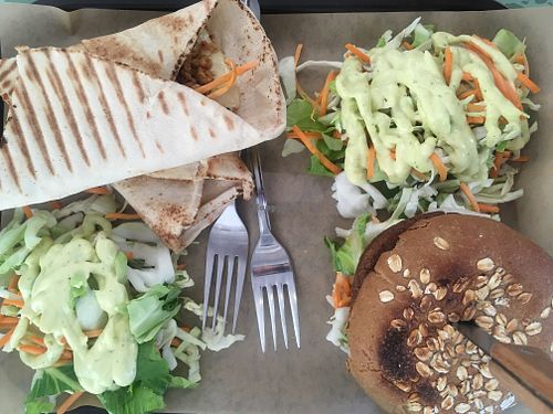 Red bean-mushroom burger and lahamajoun  at Rhino Vegan Beat in Athens