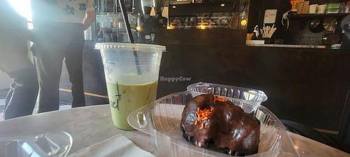 Matcha lavender drink and a chocolate cake skull at Dark Hall Coffee in Phoenix