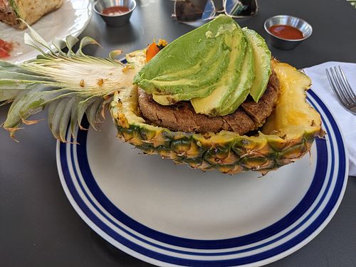 Loco Moku (pineapple fried rice with a taro patty and avocado) at Moku Roots in Kula