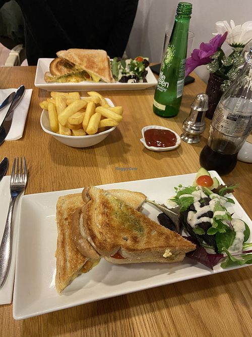 Vegan cheese, tomato and pesto toastie with salad (vegan salad dressing) at Number Forty Four in Kirkby Lonsdale