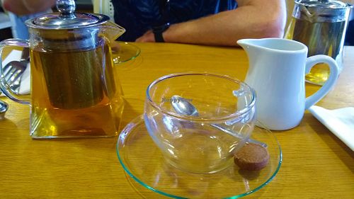 Tea with oat milk and sweet treat at Number Forty Four in Kirkby Lonsdale