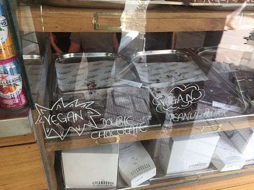 Two types of vegan brownie at The Steamhouse in Stratford Upon Avon