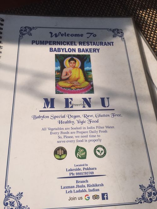 Menu cover at Pumpernickel Bakery and Babylon Cafe in Pokhara