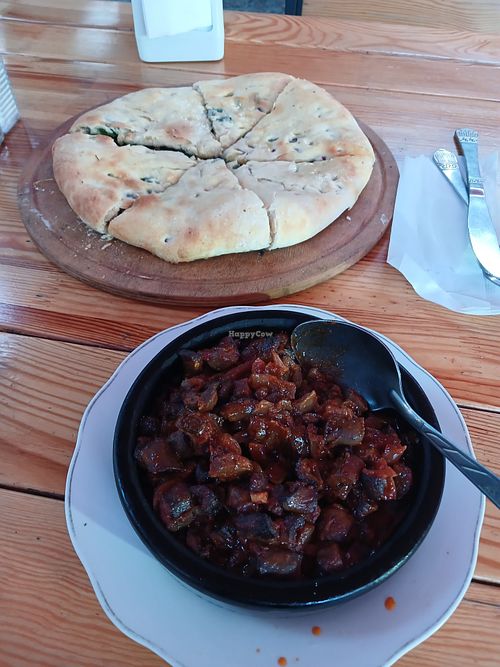 Mushroom ostri (so good), and spinach bread at Kazbegi Good Food in Stepantsminda