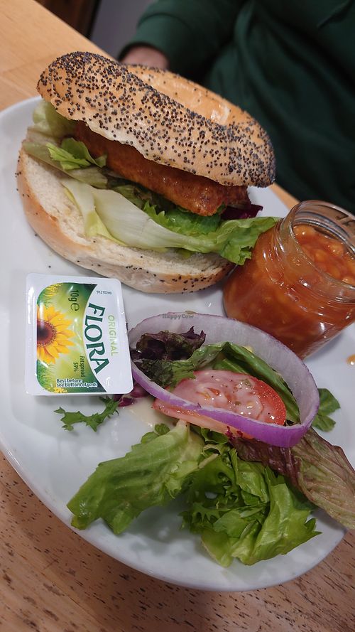 Bagel with salad, beans and sausage and bacon at Causeway Cafe in Belfast