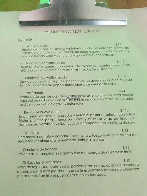 Brunch menu at Selva Blanca in Guadalajara