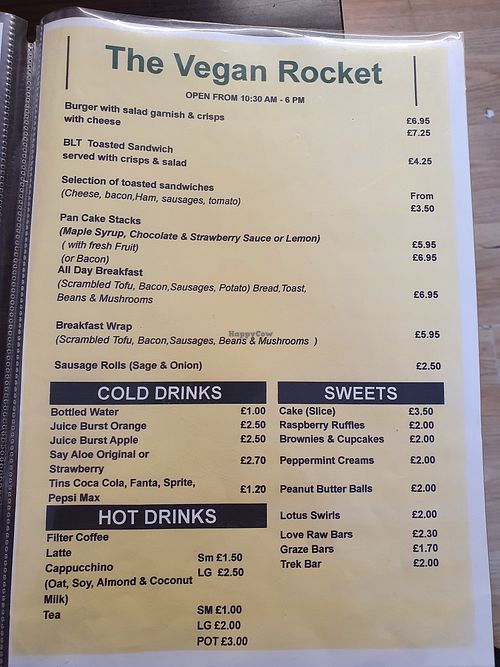 Menu at The Vegan Rocket in Lisburn
