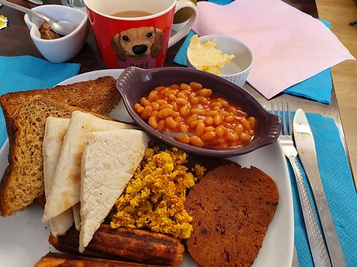 All day breakfast and white tea with soy milk at The Vegan Rocket in Lisburn