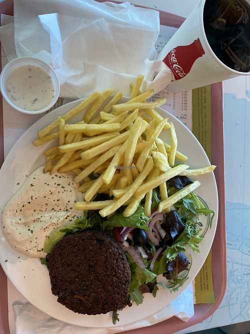 Vegan burger with french fries.  at Joshua's Shoarma Grill in Lisbon