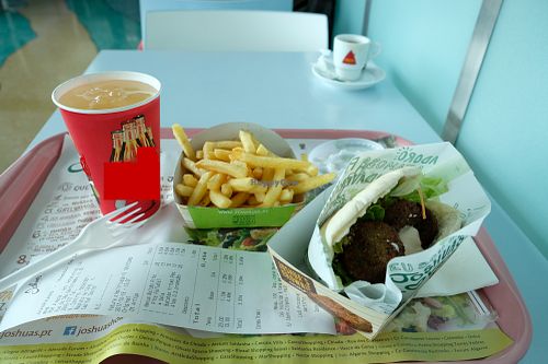 Falafel wrap, fries and great aloe drink. at Joshua's Shoarma Grill in Lisbon